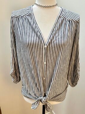 Max Studio Women’s Blouse | Size Large | Tie-Front | Blue White Stripe